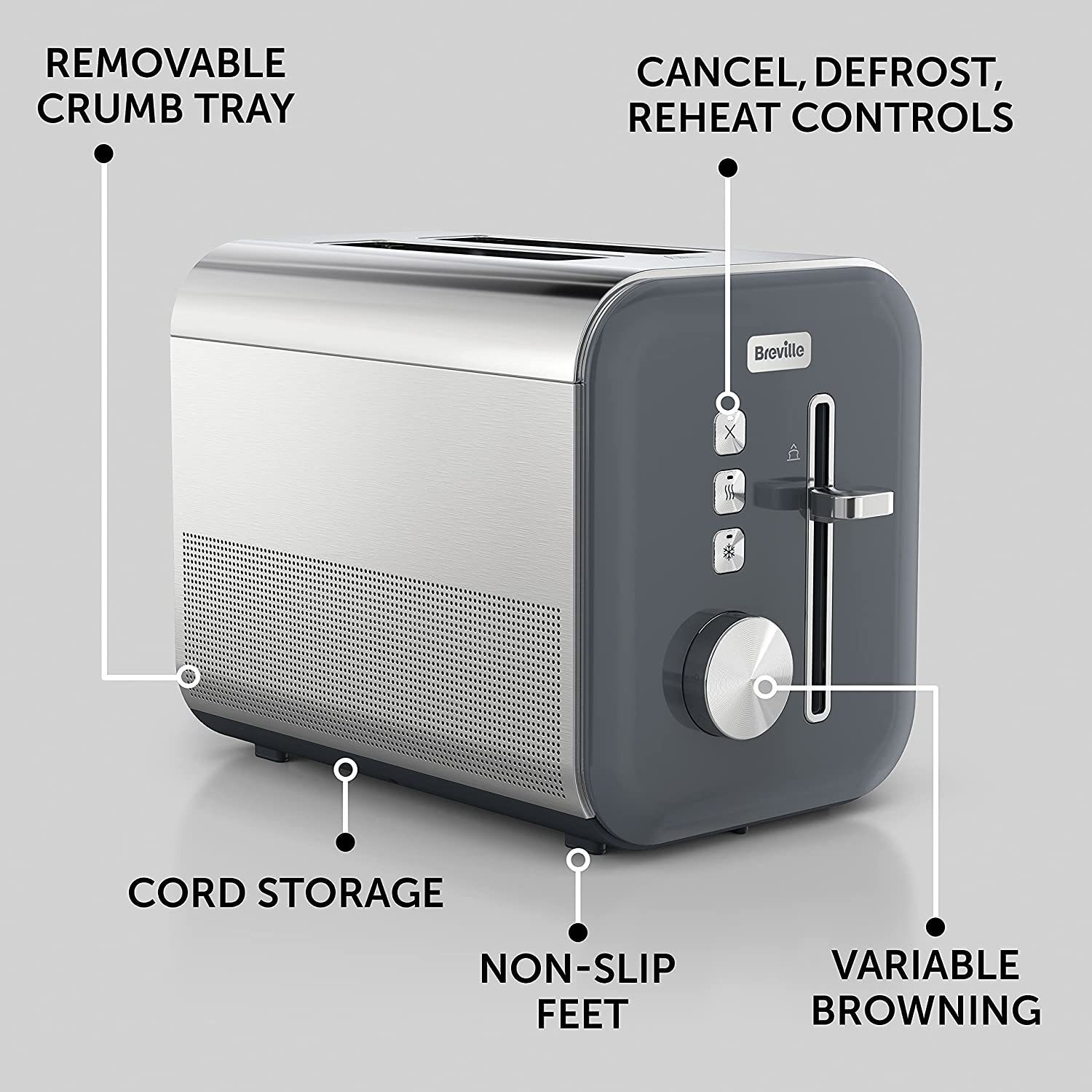 Breville High Gloss 2 Slice Toaster Grey VTT968 Appliances Direct