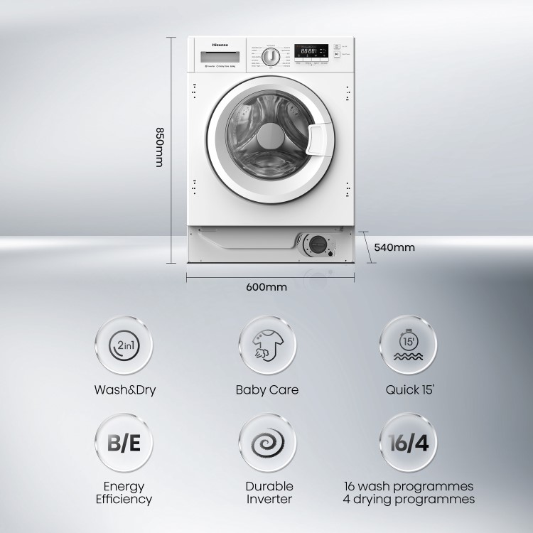 Hisense 3S Series 8kg Wash 6kg Dry 1400rpm Integrated Washer Dryer - White