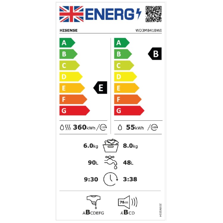 Hisense 3S Series 8kg Wash 6kg Dry 1400rpm Integrated Washer Dryer - White