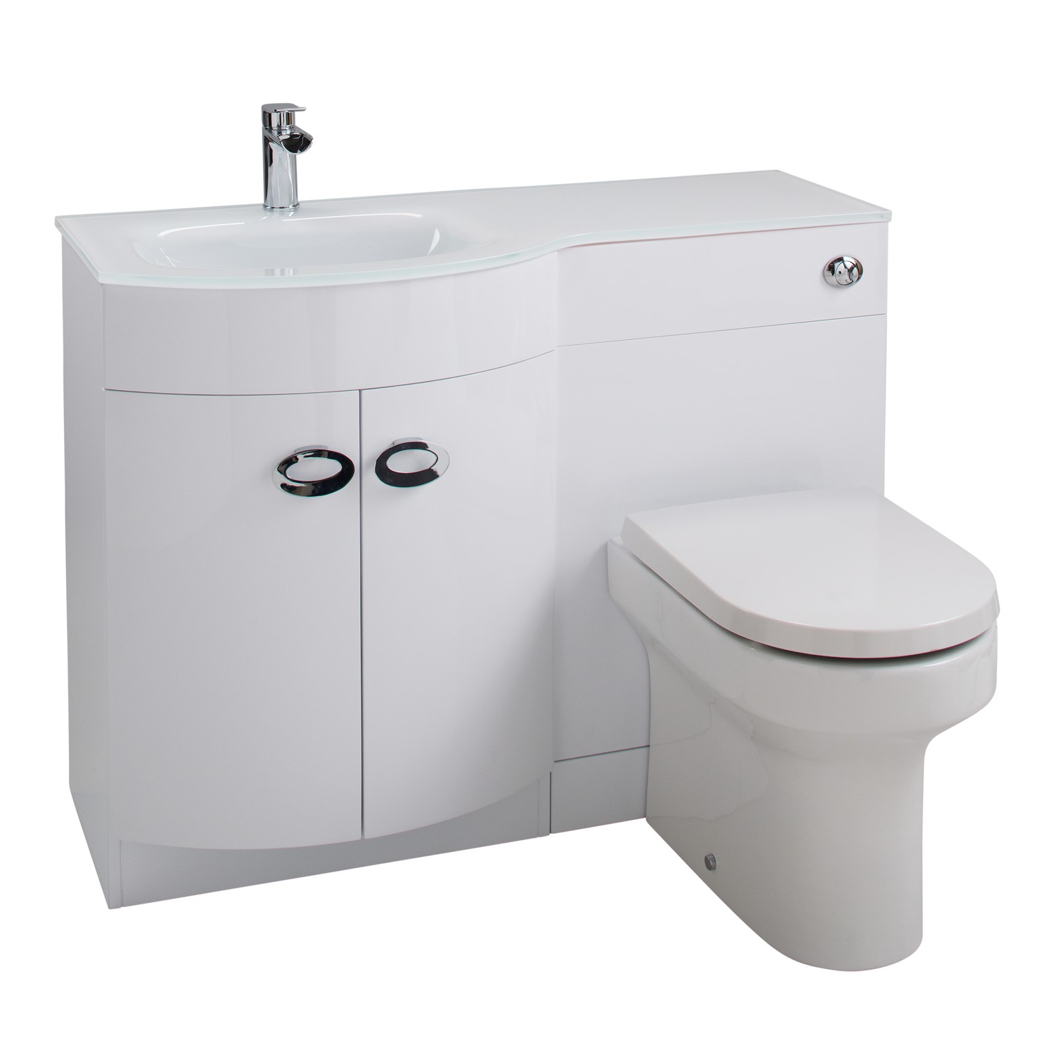 Curved White Left Hand Bathroom Vanity Unit Glass Basin Without Toilet