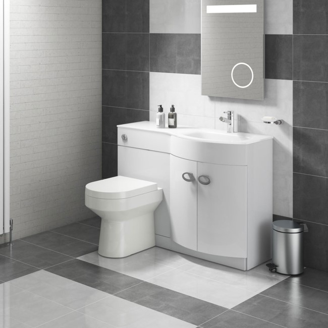 Curved White Right Hand Bathroom Vanity Unit & Glass Basin - Without Toilet