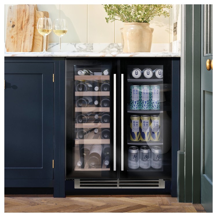 Caple Sense 38 Bottle Side-by-side Dual Zone Under Counter Wine Cabinet - Black Glass Doors