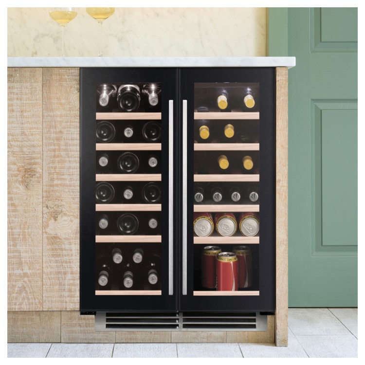 Caple Sense 38 Bottle Side-by-side Dual Zone Under Counter Wine Cabinet - Black Glass Doors