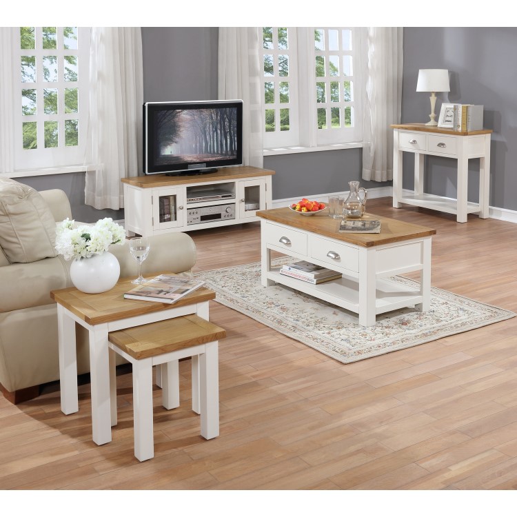 Willow Farmhouse TV Unit Stand with Storage Drawers - Cream & Light Oak