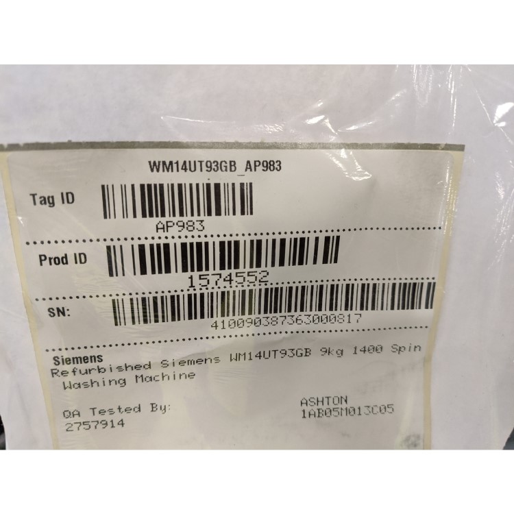 Refurbished Siemens WM14UT93GB Smart Freestanding 9KG 1400 Spin Washing Machine White