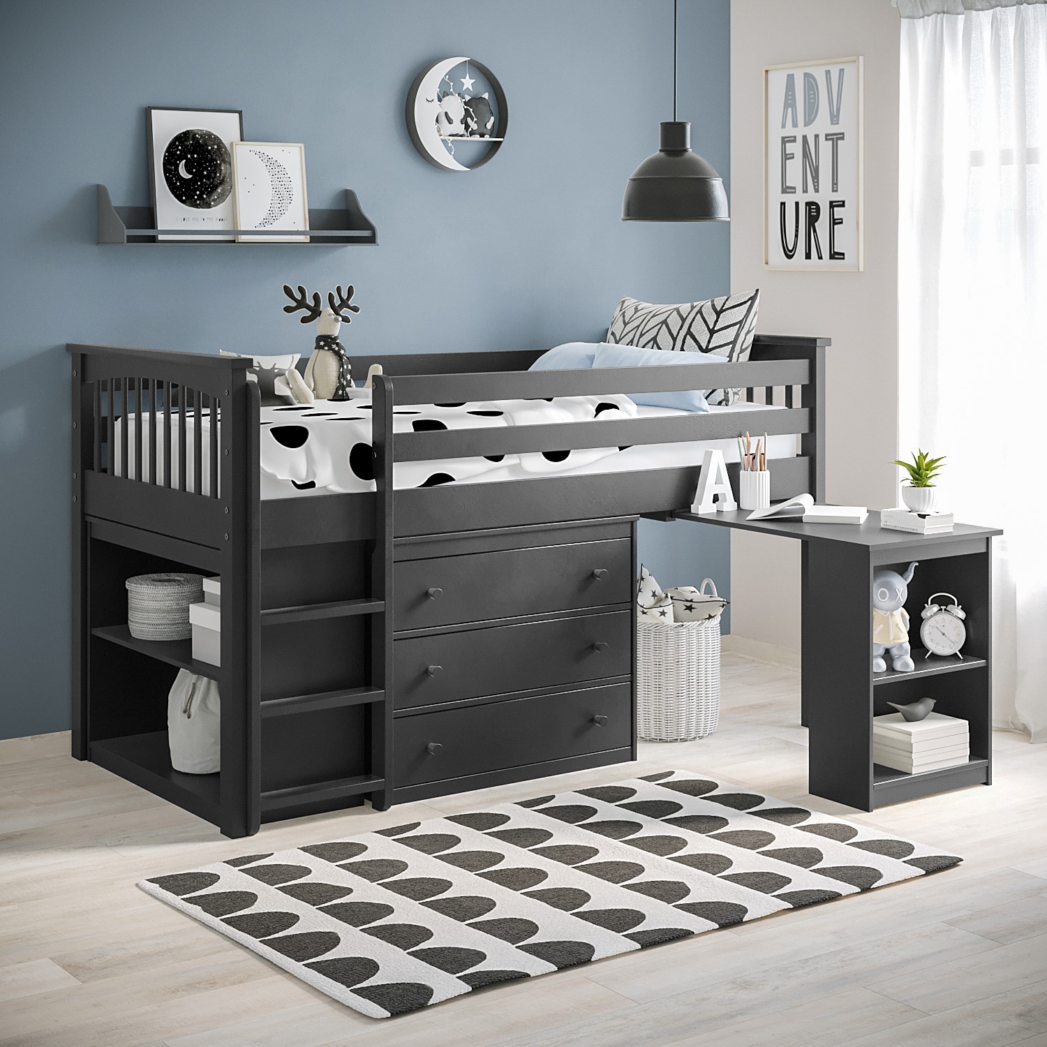 Grey Cabin Bed Midsleeper Storage Desk Ladder Can Be Fixed