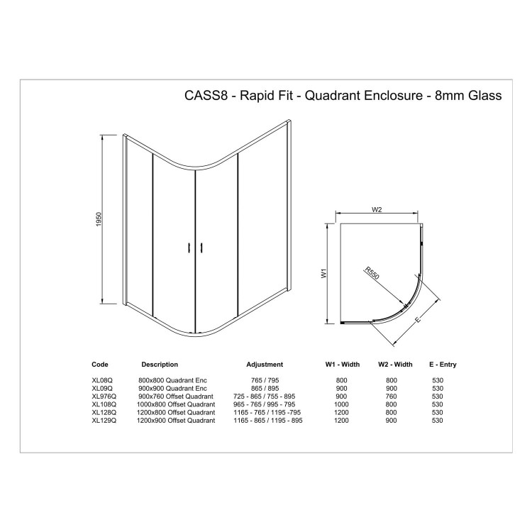 Claritas 8 Offset Quadrant Shower Screen Enclosure 1200 x 900mm - 8mm Glass