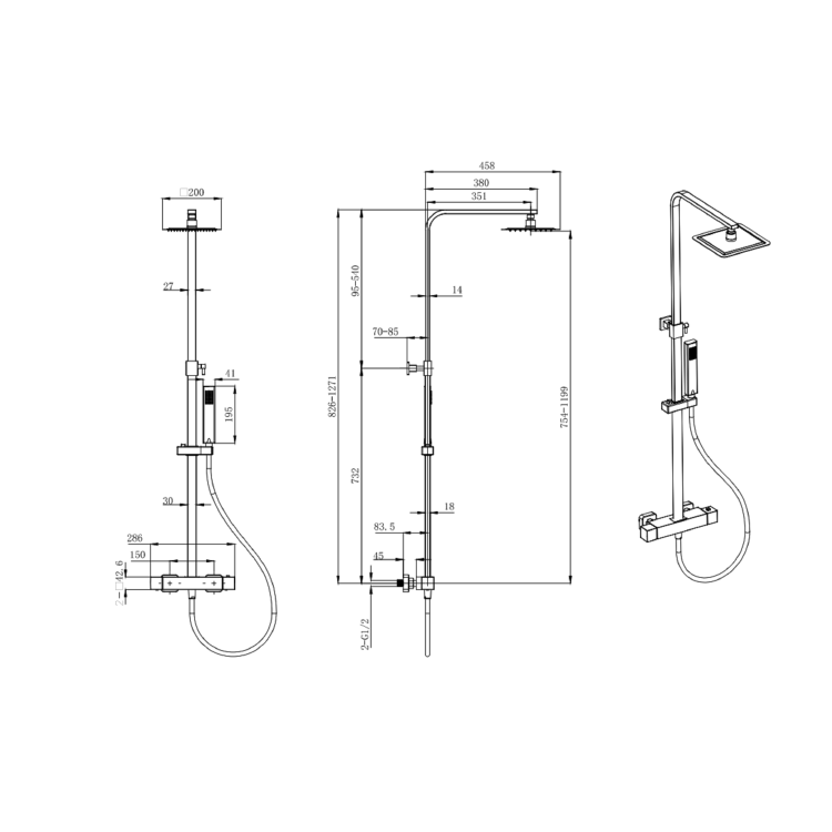 Brushed Brass Thermostatic Bar Mixer Shower Set with Slide Rail Kit & Hand Shower - Zana