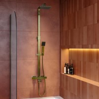 Brushed Brass Square Thermostatic Bar Bath Mixer Shower Set with Slide Rail Kit & Hand Shower - Zana