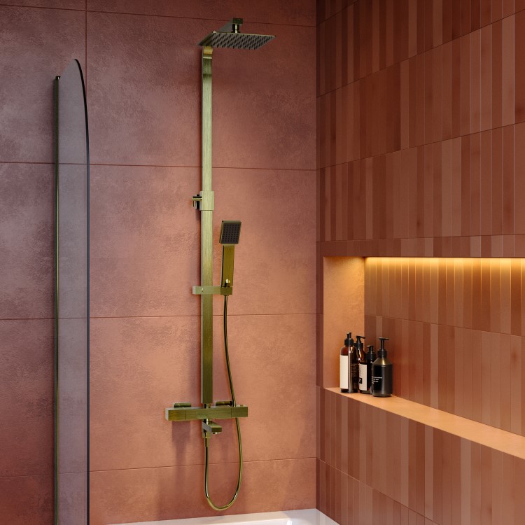 Brushed Brass Square Thermostatic Bar Bath Mixer Shower Set with Slide Rail Kit & Hand Shower - Zana