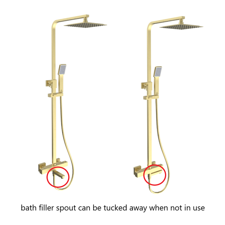 Brushed Brass Square Thermostatic Bar Bath Mixer Shower Set with Bath Filler Spout  Slide Rail Kit & Hand Shower - Zana