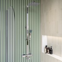 GRADE A1 - Chrome Square Thermostatic Bar Bath Mixer Shower Set with Slide Rail Kit & Hand Shower - Zana