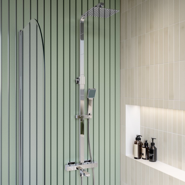 GRADE A1 - Chrome Square Thermostatic Bar Bath Mixer Shower Set with Slide Rail Kit & Hand Shower - Zana