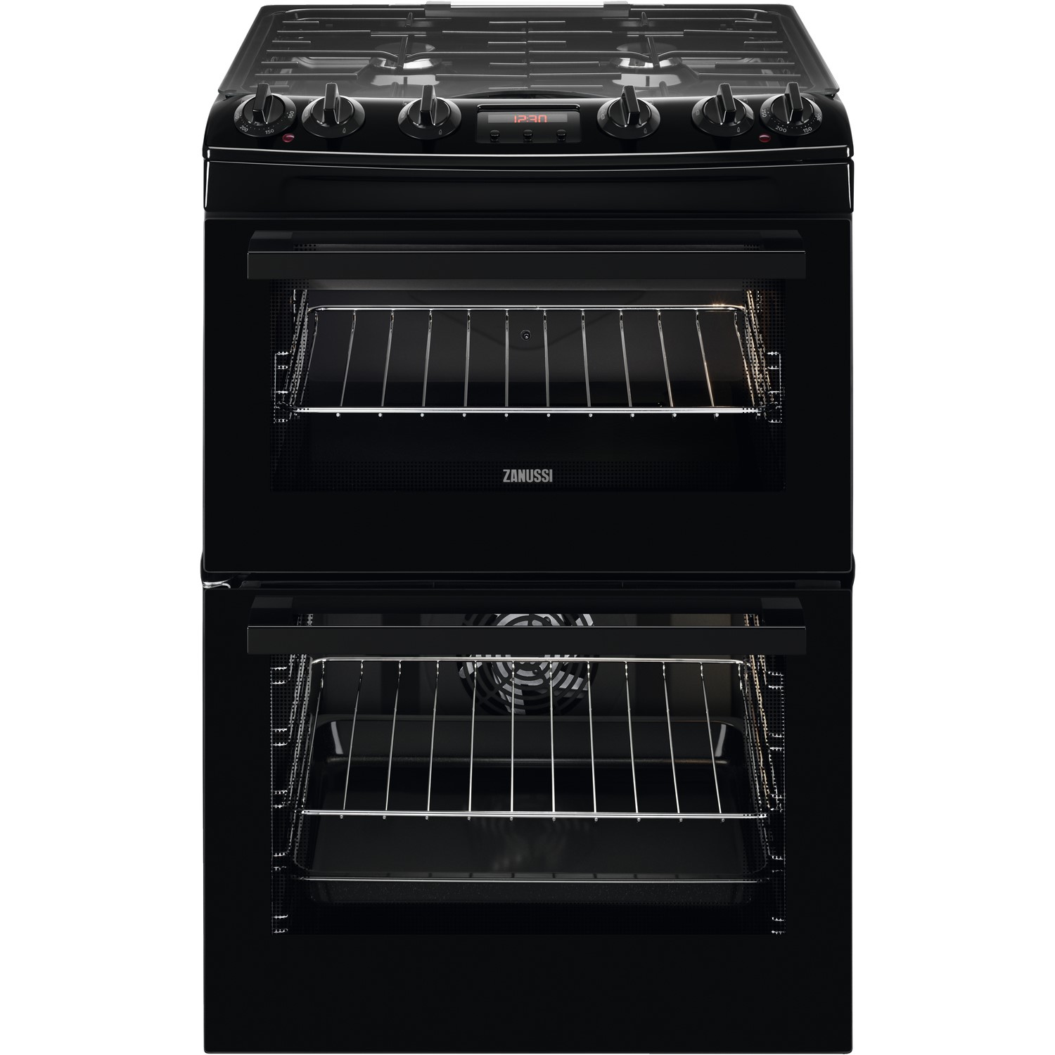 Refurbished Zanussi ZCK66350BA 60cm Double Oven Dual Fuel Cooker with Lid Black