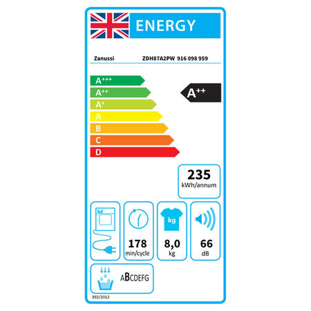 Refurbished Zanussi AutoAdjust ZDH87A2PW Freestanding Heat Pump 8KG Tumble Dryer White