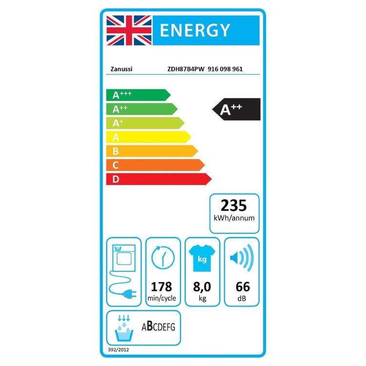 Zanussi AutoAdjust 8kg Heat Pump Condenser Tumble Dryer - White