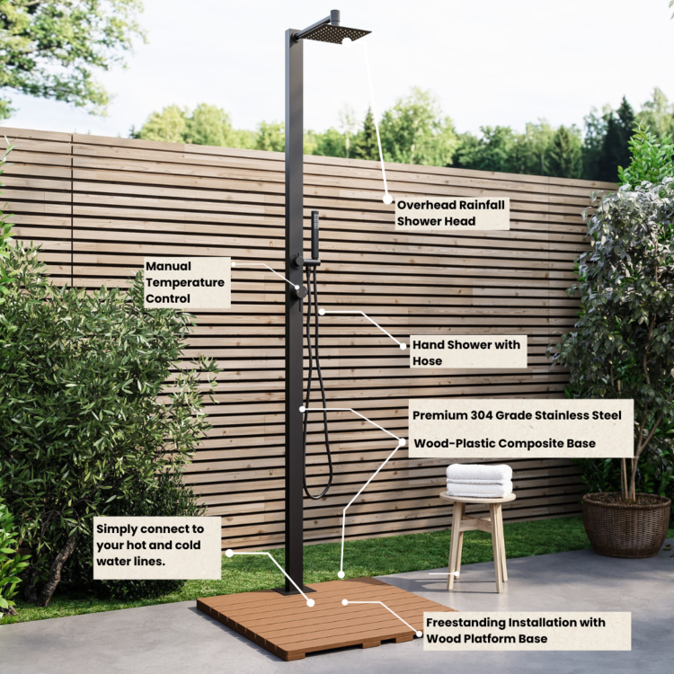 Black Thermostatic Mixer Outdoor 2 Outlets Shower Set with Wood Effect Base  - Zen