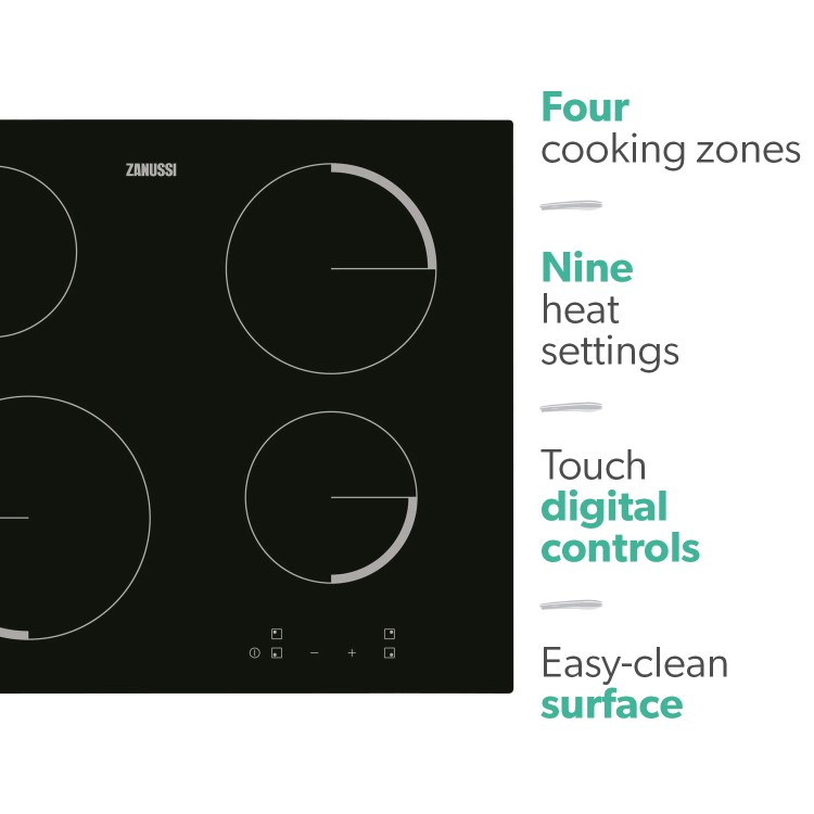 Zanussi ZEV6240FBA 59cm Touch Control Four Zone Ceramic Hob - Black