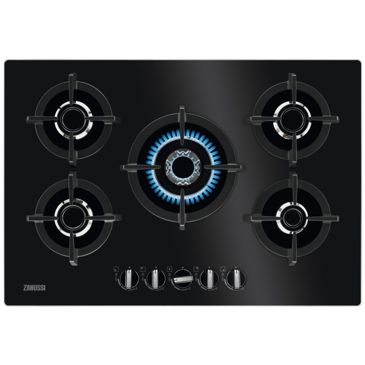 Zanussi ZGO78520BA 74cm Wide Five Burner Gas-on-glass Hob - Black