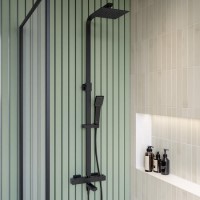 ONLY OPENED - Black Square Thermostatic Bar Bath Mixer Shower Set with Slide Rail Kit & Hand Shower - Zana