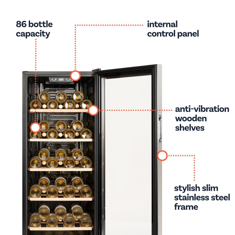 electriQ 86 Bottle Freestanding Wine Cooler - Stainless Steel