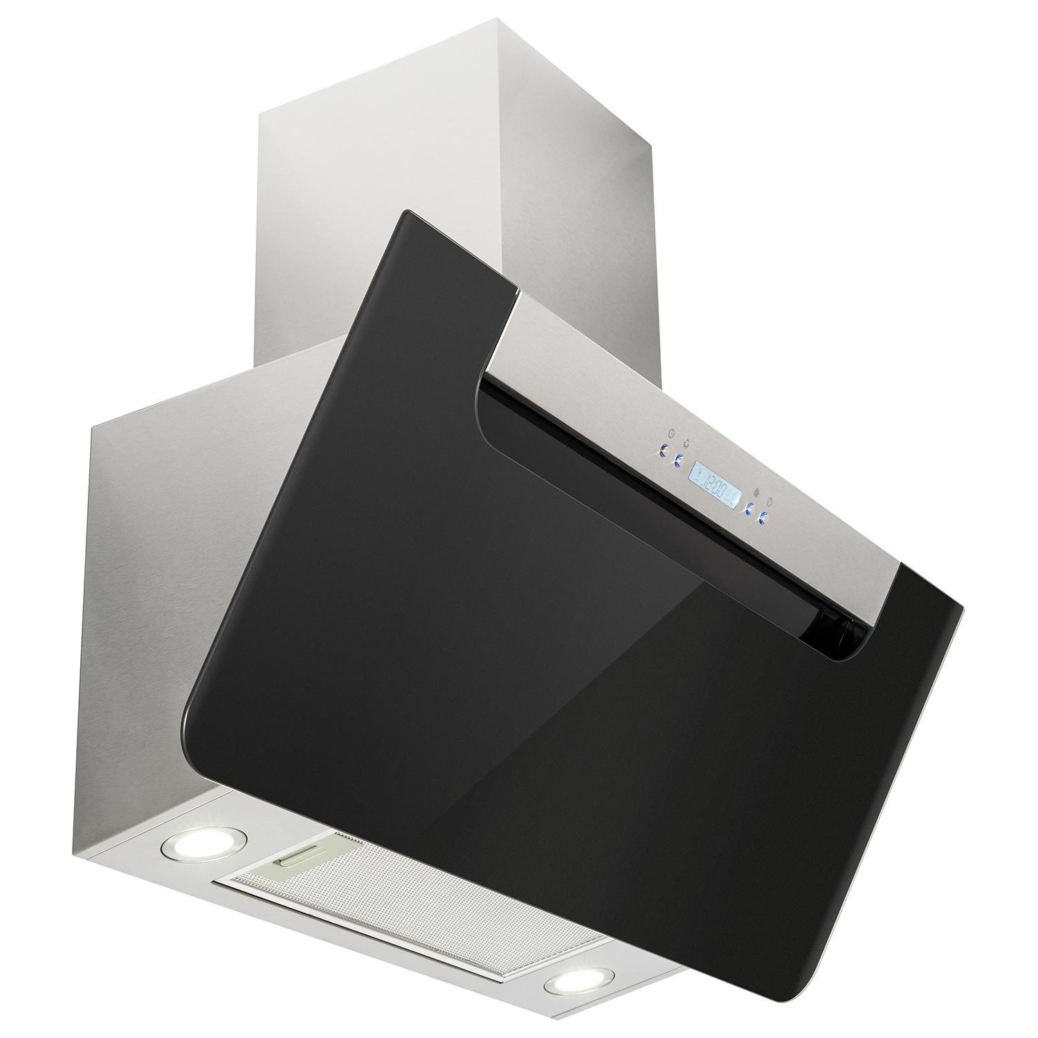 electriQ 90cm Angled Cooker Hood Black Glass and Stainless Steel eiQCHB90BHE Appliances Direct