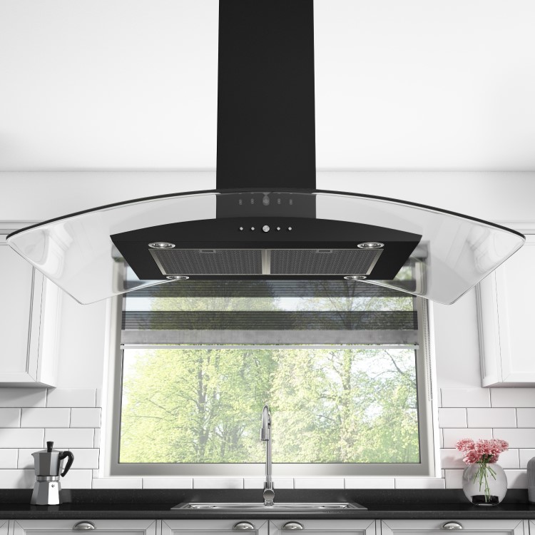 Refurbished electriQ eiQCURVISL90BL 90cm Curved Glass Island Cooker Hood Black