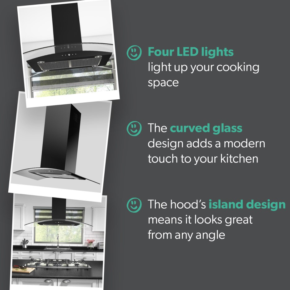 electriQ 90cm Curved Glass Island Cooker Hood Black 5 Year Warranty