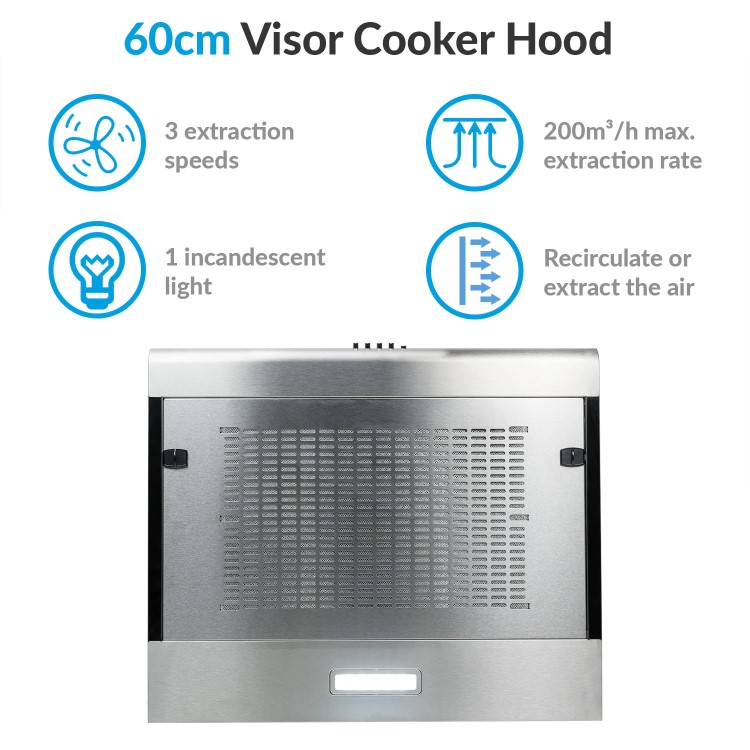 electriQ 60cm Stainless Steel Conventional Visor Cooker Hood Top Venting 