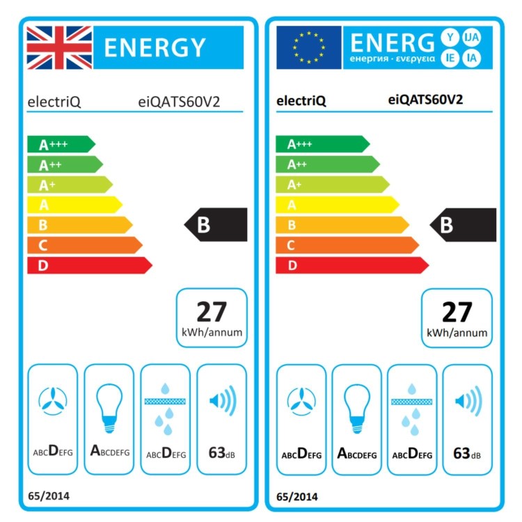 electriQ 60cm Angled Chimney Cooker Hood with Colour Change Lights - Black 
