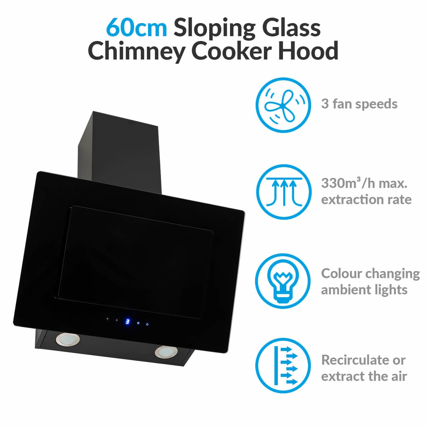 Refurbished electriQ eiqATS60 60cm Chimney Cooker Hood Black