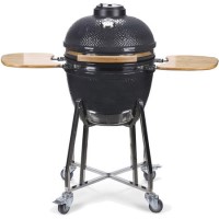 Refurbished Boss Grill 22 Inch Charcoal Ceramic Kamado Style Grill Egg BBQ in Grey with Wooden Shelves