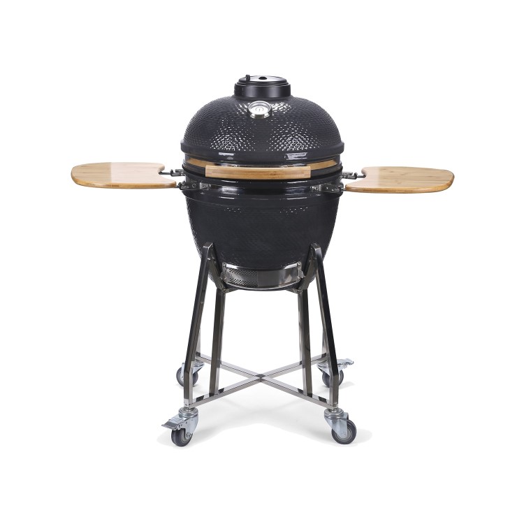 Refurbished Boss Grill 22 Inch Charcoal Ceramic Kamado Style Grill Egg BBQ in Grey with Wooden Shelves