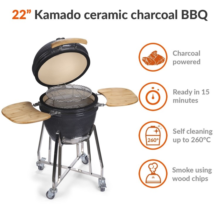 Refurbished Boss Grill 22 Inch Charcoal Ceramic Kamado Style Grill Egg BBQ in Grey with Wooden Shelves