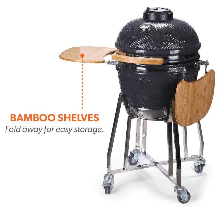 Refurbished Boss Grill 22 Inch Charcoal Ceramic Kamado Style Grill Egg BBQ in Grey with Wooden Shelves
