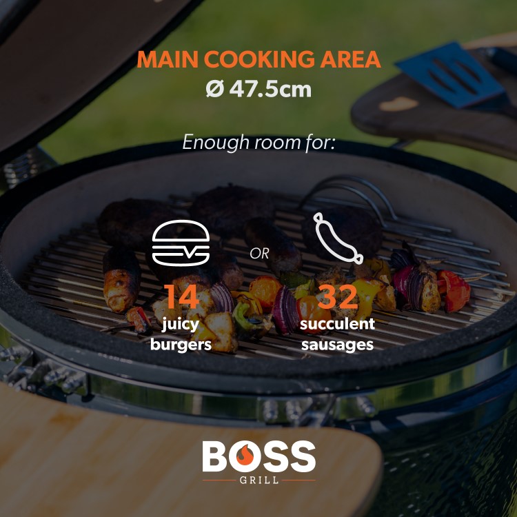 Refurbished Boss Grill 22 Inch Charcoal Ceramic Kamado Style Grill Egg BBQ in Grey with Wooden Shelves