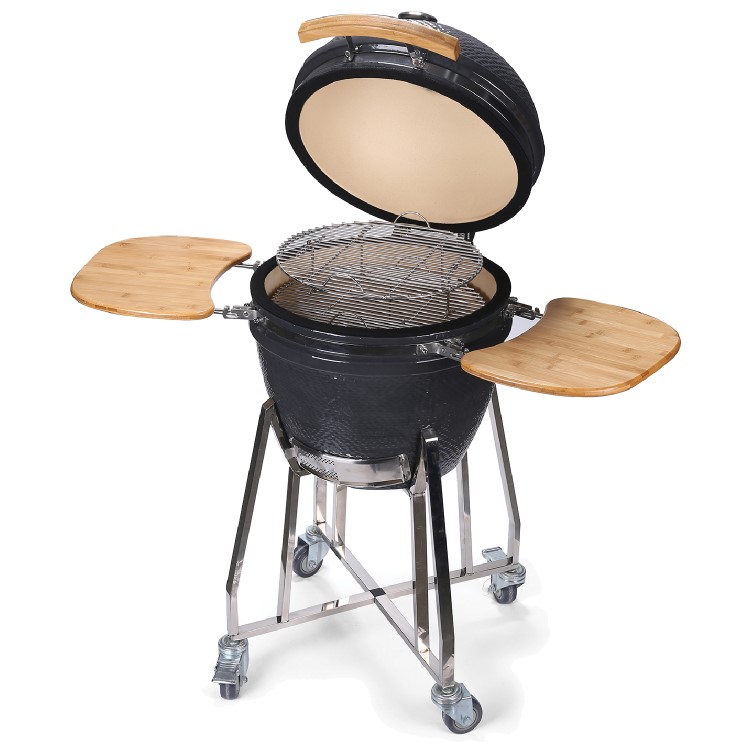 Refurbished Boss Grill 22 Inch Charcoal Ceramic Kamado Style Grill Egg BBQ in Grey with Wooden Shelves