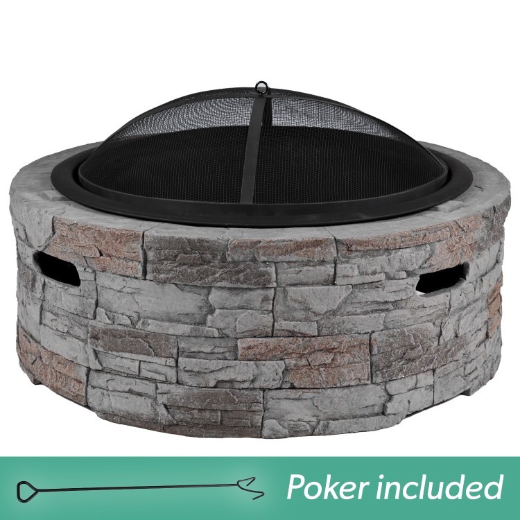 electriQ Cast Stone Round Base Wood Burning Garden Fire Pit - Grey
