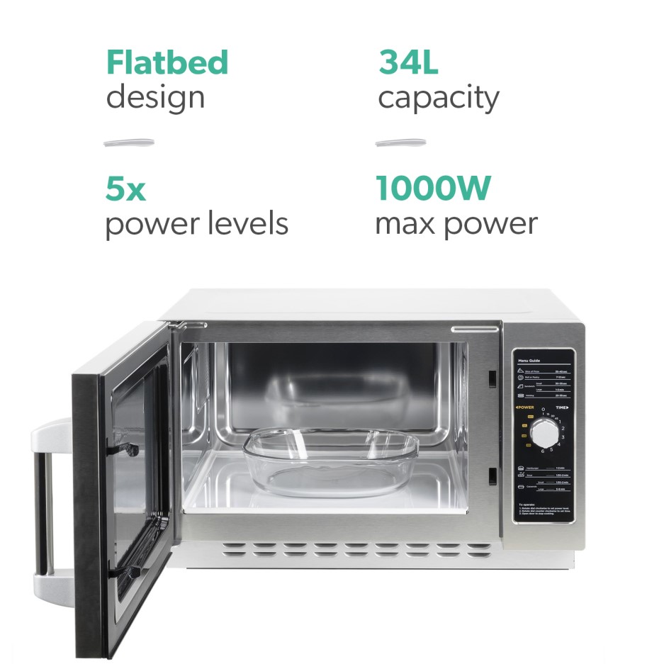 electriQ 34 litre 1000w Flatbed Commercial Heavy Duty Freestanding Microwave in Stainless Steel