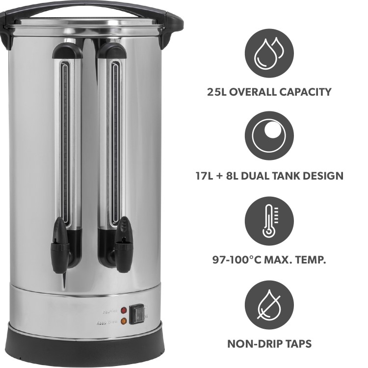 electriQ 25L Double Tap Tea & Coffee Catering Urn - Stainless Steel