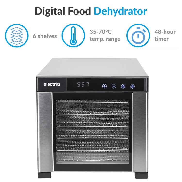 Refurbished electriQ eqddss Digital Food Dehydrator & Dryer with 6 Shelves and 48 Hour Timer Stainless Steel
