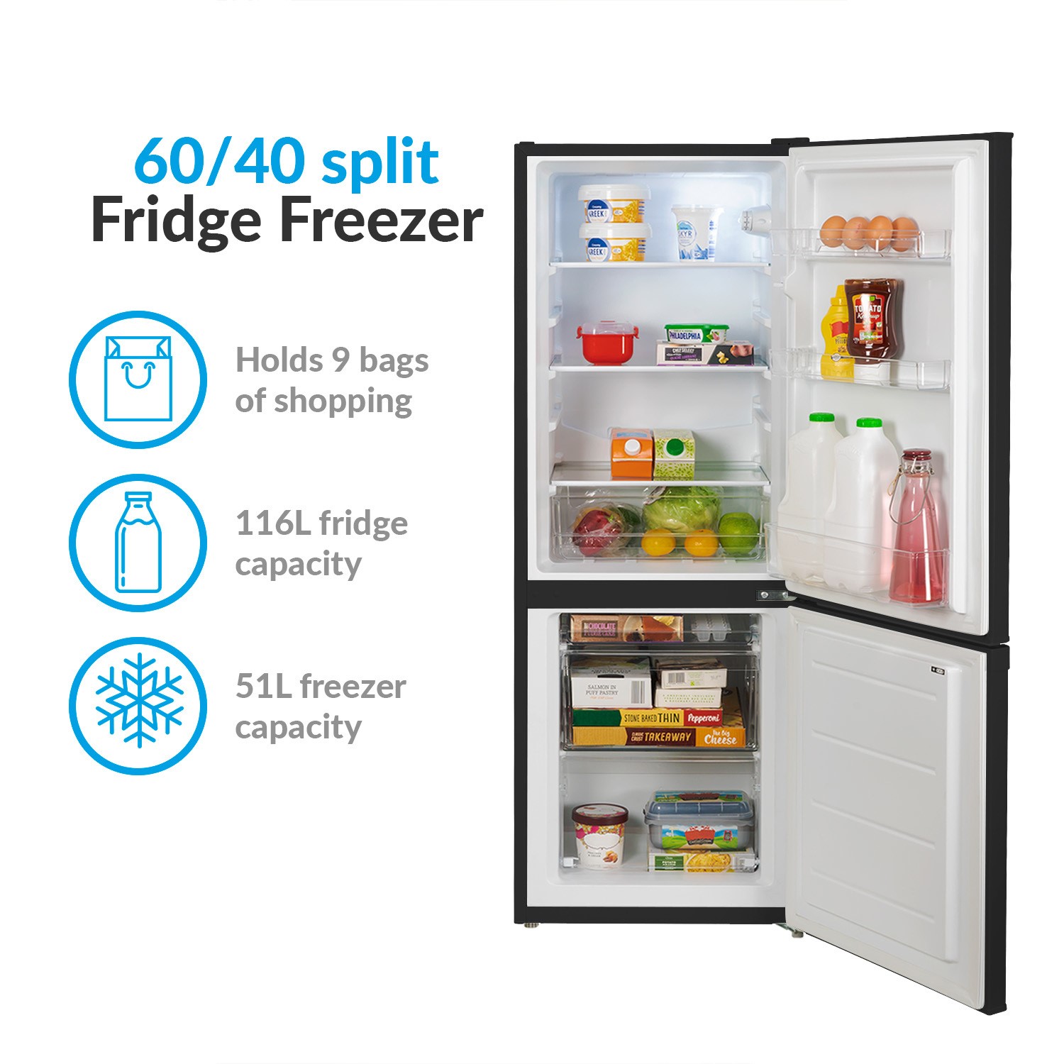electriQ Freestanding 70/30 Split Fridge Freezer Black eqfs50141ffb