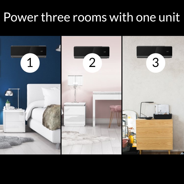 Refurbished electriQ Black Multi-Split 3x 9000 BTU Heating & Cooling Wall Air Conditioner System A++ with WiFi Smart