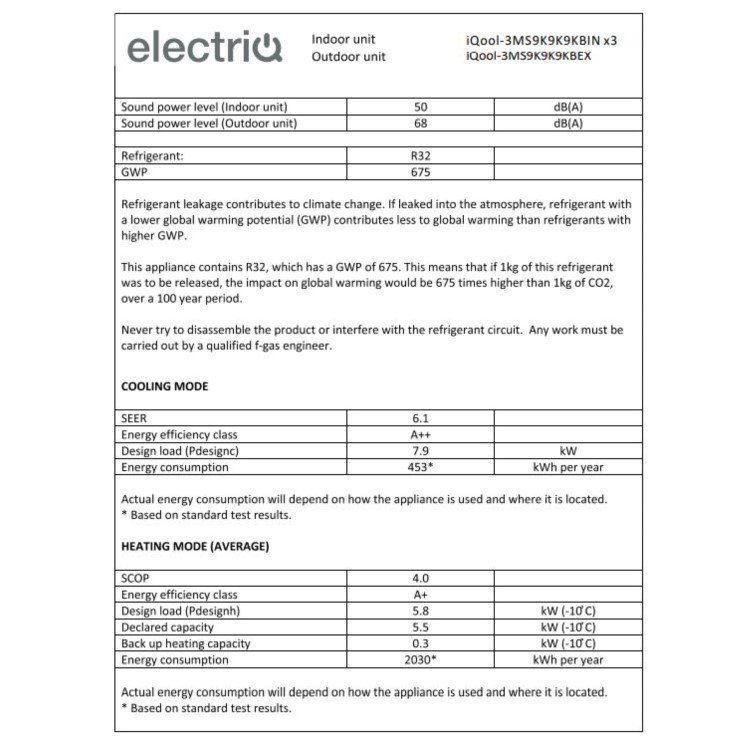 electriQ iQool 3 x 9000 BTU Wall Mounted Air Conditioner with Heating Function - Black