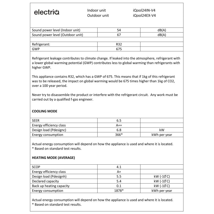 electriQ IQool 24000 BTU Smart A+++ Wall Split Air Conditioner with Wall Bracket and Full Installation Included