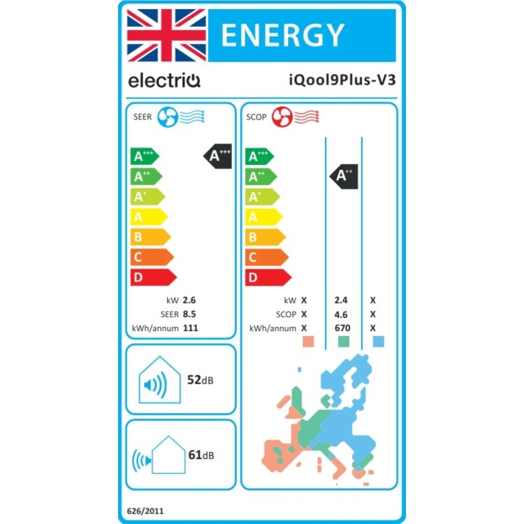 electriQ iQool 9000 BTU Smart A+++ Wall Mounted Air Conditioner with Heat Pump - 5m Pipe Kit Included