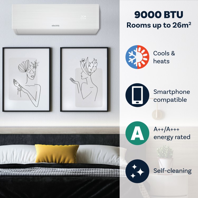 electriQ iQool 9000 BTU Smart A+++ Wall Mounted Air Conditioner with Heat Pump - 5m Pipe Kit Included