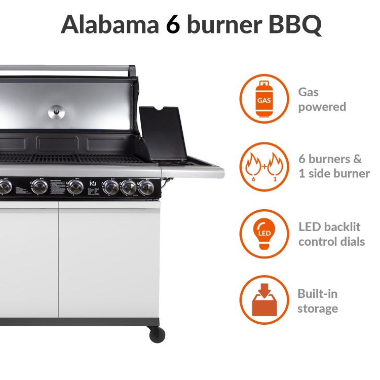 GRADE A2 - The Alabama Elite 6 + 1 Burner Gas BBQ in Gloss White