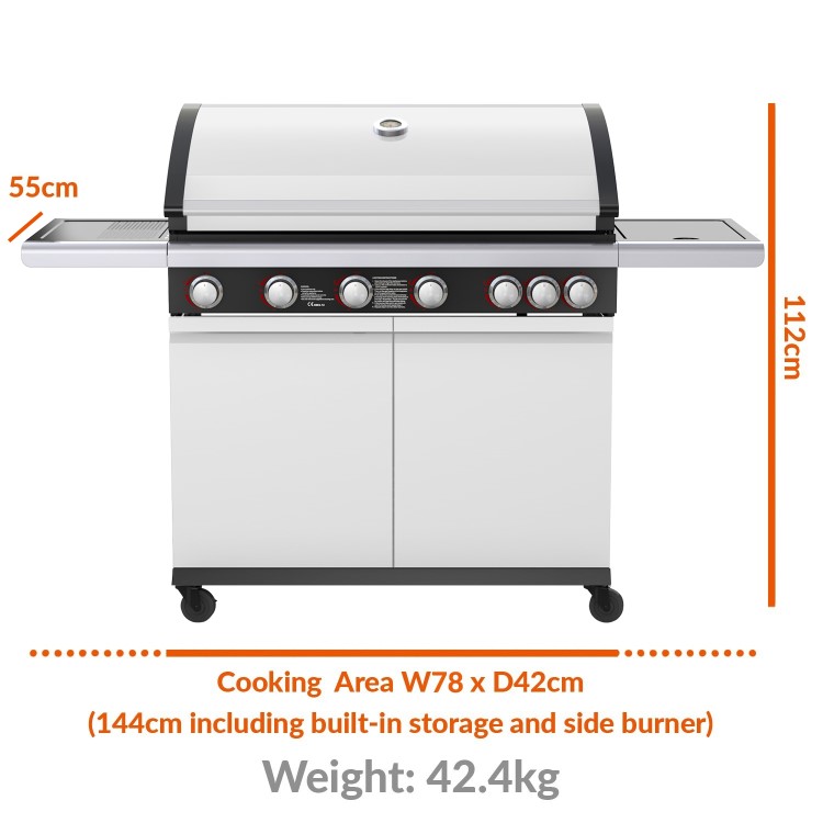 GRADE A2 - The Alabama Elite 6 + 1 Burner Gas BBQ in Gloss White