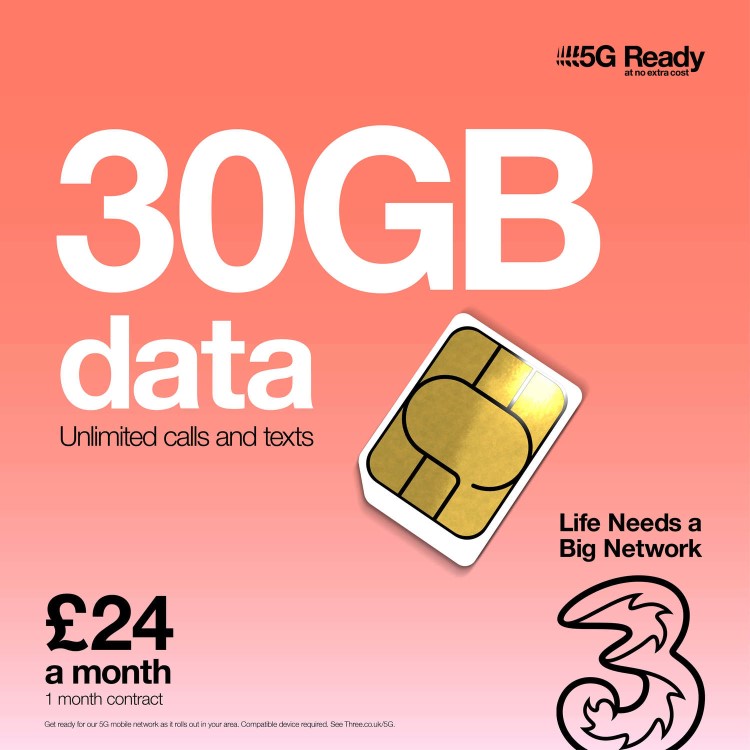 Three 30GB Data SIM Only Contract 1 Month